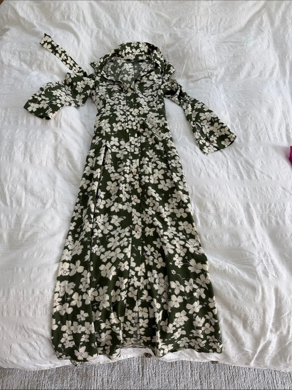 ZOlive Green Floral Maxi Dress with White Blossom Print